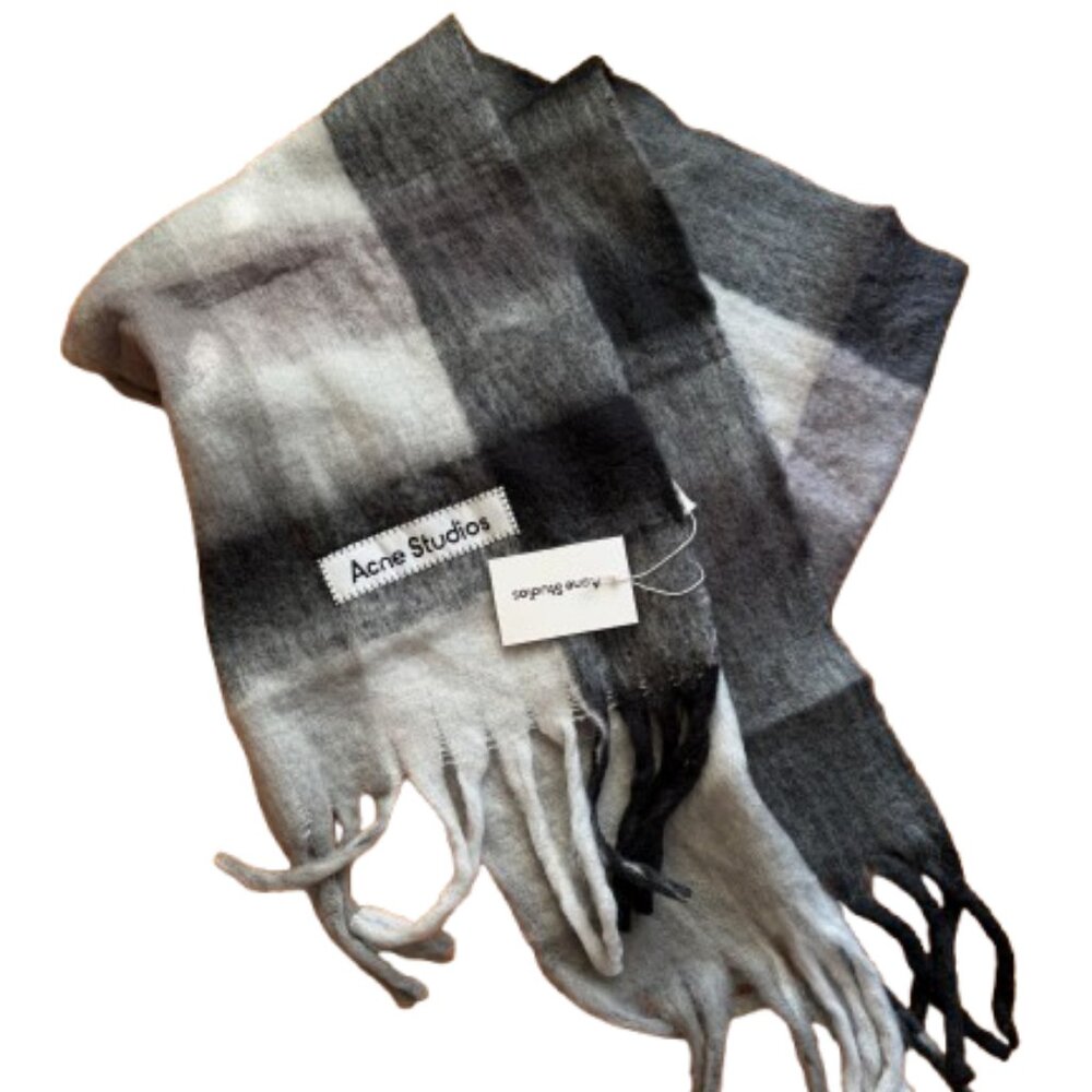 Acne Studios Gray Plaid Wool Fringe Scarf Designer - Picture 4 of 5